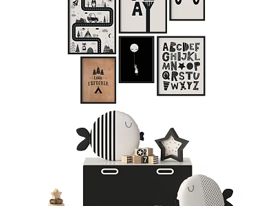 Cute Fish and Star Shaped Dolls with Alphabet Wall Art Wooden Box and Building Blocks 3d model