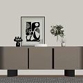 Minimalist Entryway Sideboard Cabinet With Silver Metallic Finish And Decorative Plant Artwork