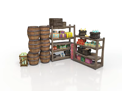 Wooden Storage Racks With Stacked Barrels And Colorful Boxes Bottles 3d model