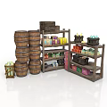 Wooden Storage Racks With Stacked Barrels And Colorful Boxes Bottles