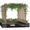 Wooden Pergola Featuring Climbing Vines Pink Flowers Vertical Posts Bench and Gray Base with Greenery