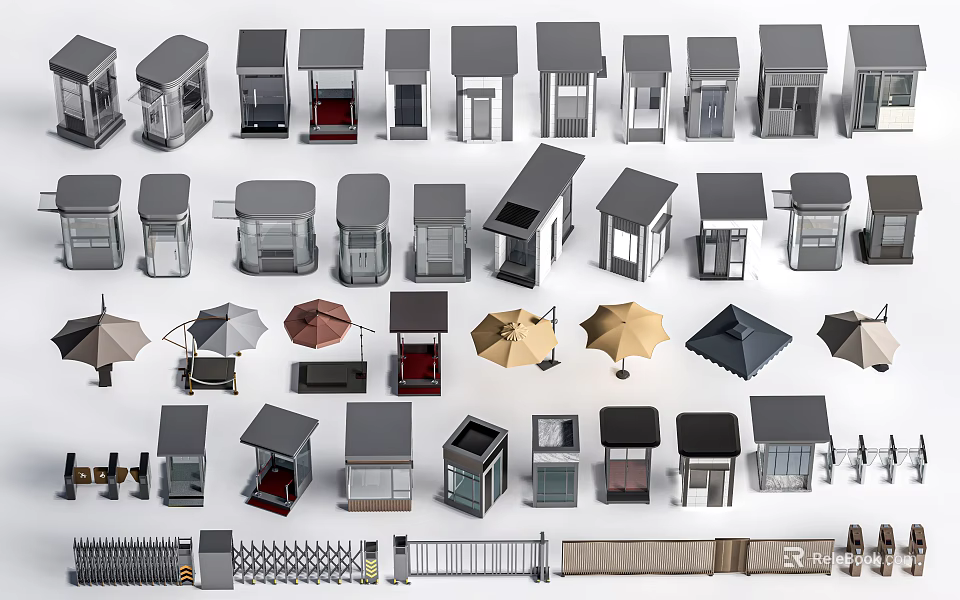 Modern Security Booths With Various Different Designs Umbrellas And Fences 3d model