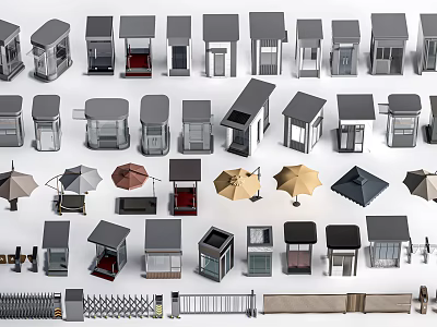 Modern Security Booths With Various Different Designs Umbrellas And Fences 3d model
