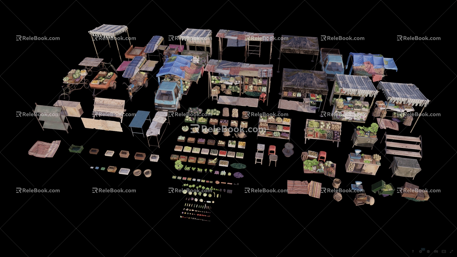 Vegetable stand fruit and vegetable stand combination vegetable market market stall market life props low face number low model simple model game film and television level super realistic 3d model