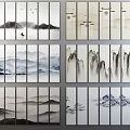 Multiple Panel Chinese Ink Landscape Paintings With Mountains Clouds Mist Flying Birds And Moon