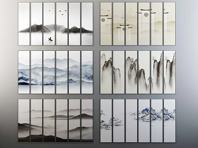 Multiple Panel Chinese Ink Landscape Paintings With Mountains Clouds Mist Flying Birds And Moon 3d model