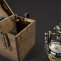 Open Vintage Wooden Box With Leather Straps And Navigation Instrument Parts
