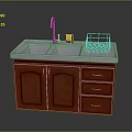 Wooden Kitchen Sink Cabinet With Stainless Steel Double Sink Faucet And Dish Rack