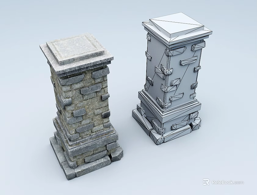 Two Different Architectural Columns With Stone Textured And Carved Detailed Structural Design Elements 3d model 