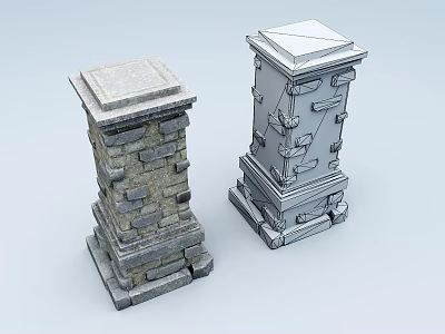 Two Different Architectural Columns With Stone Textured And Carved Detailed Structural Design Elements 3d model