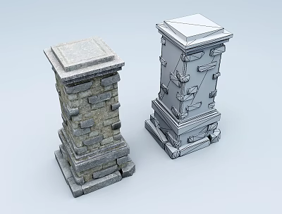 Two Different Architectural Columns With Stone Textured And Carved Detailed Structural Design Elements 3d model