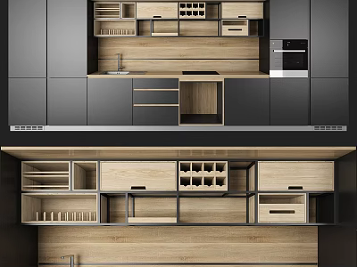 Modern Kitchen Cabinets With Wooden And Dark Panels Wine Rack And Storage Drawers 3d model