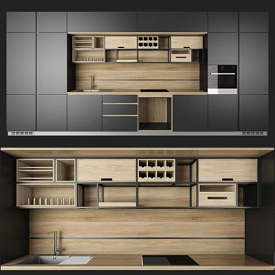 Modern Kitchen Cabinets With Wooden And Dark Panels Wine Rack And Storage Drawers 3d model