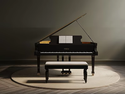 Elegant Black Grand Piano with Music Sheet and Bench on Round Rug 3d model
