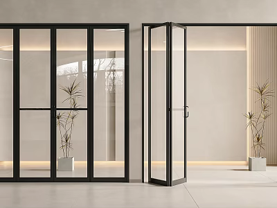 Modern Folding Glass Doors With Black Frames In Interior 3d model