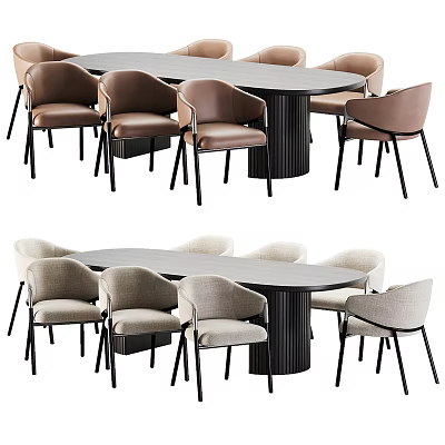 Modern Dining Table Set With Oval Top And Eight Upholstered Brown Beige Chairs 3d model