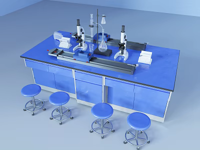Blue Laboratory Table With Microscopes Beakers Test Tube Racks Cabinets And Rolling Stools 3d model