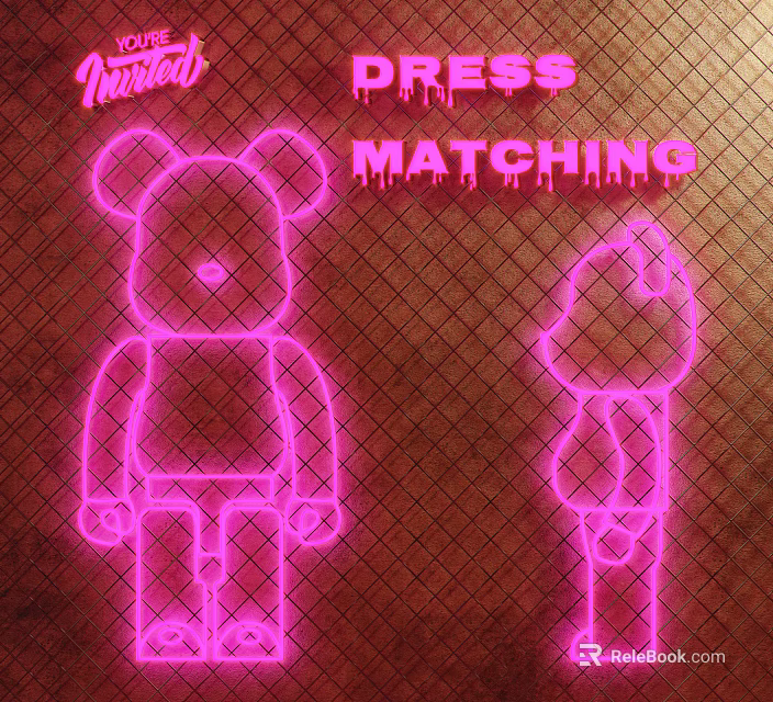 Pink Neon Decorative Lights Featuring Cartoon Bear Humanoid On Grid Background And Dress Matching Text 3d model 