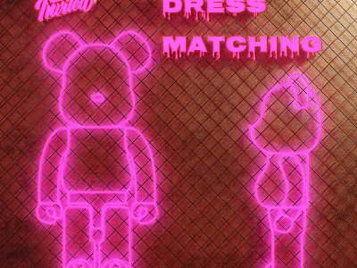 Pink Neon Decorative Lights Featuring Cartoon Bear Humanoid On Grid Background And Dress Matching Text 3d model
