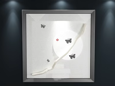 Framed Animal Painting With Butterflies Circular Decoration Curved Line And Small Red Flower 3d model