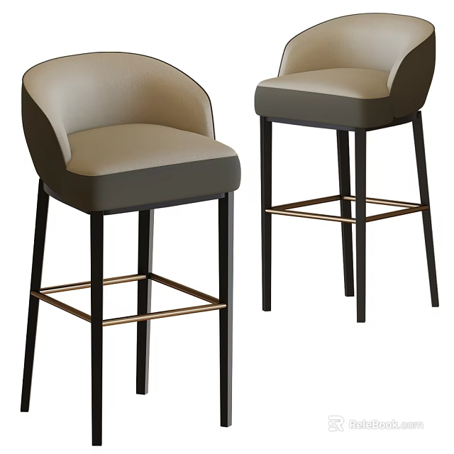 Modern Bar Stools With Light Leather Upholstery Black Metal Legs And Golden Crossbar 3d model 