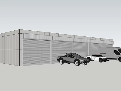 Exterior View of Modern Garage Building With Parked Cars and Truck 3d model