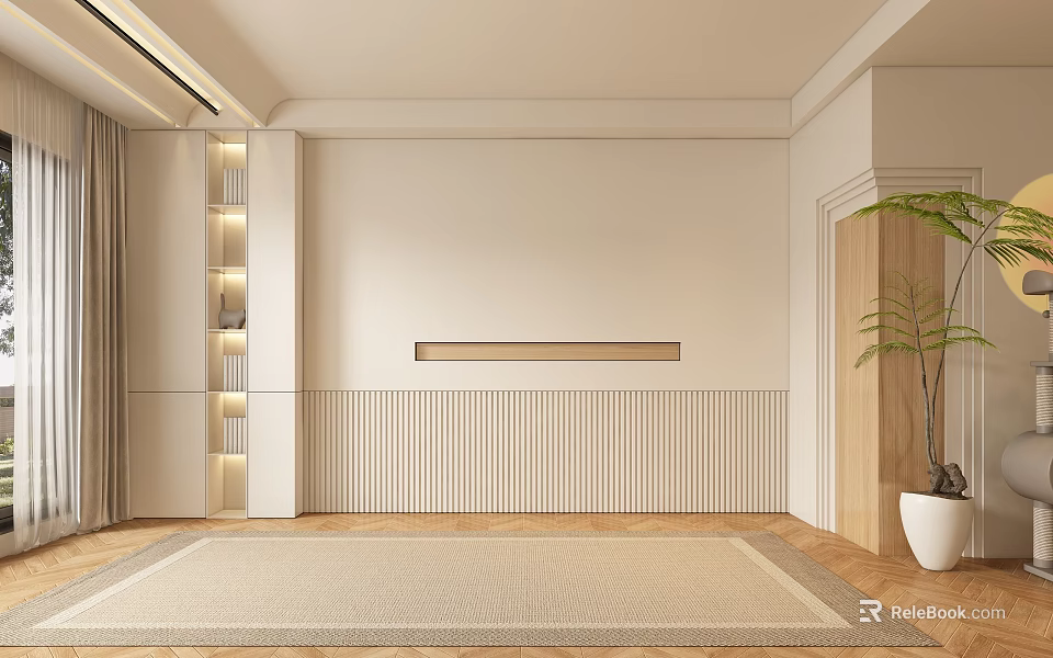 Modern Sofa Background Wall With White Striped Panel Wooden Accents Green Plant And Area Rug 3d model 