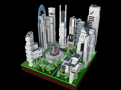 Cartoon Futuristic City Scene With Tall Buildings Green Areas And Circular Structure 3d model
