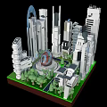 Cartoon Futuristic City Scene With Tall Buildings Green Areas And Circular Structure 3d model