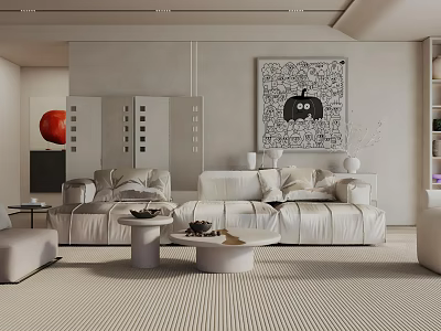 Modern Minimalist Living Room With White Sofa Round Coffee Tables And Decorative Wall Art 3d model