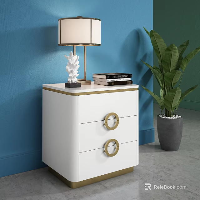 Modern White Nightstand with Gold Handles Lamp Ornament Books Green Potted Plant on Blue Wall 3d model 