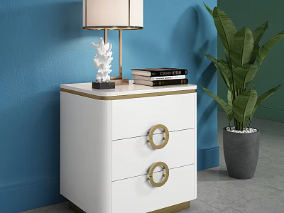 Modern White Nightstand with Gold Handles Lamp Ornament Books Green Potted Plant on Blue Wall 3d model