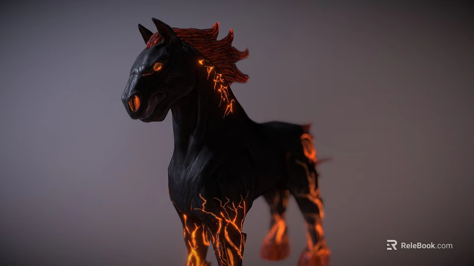 Game Movie Character Black Horse With Flame Mane Glowing Eyes And Burning Body Patterns 3d model 