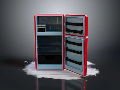 Red Double Door Refrigerator Open With Multiple Shelves And Sleek Design 3d model