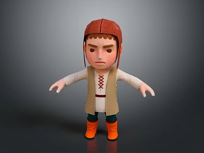 3D Boy Character In Traditional Clothing With Brown Hat And Orange Boots 3d model