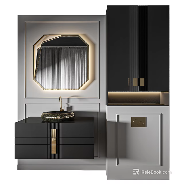 Modern Bathroom Vanity with Octagonal Gold Frame Mirror Black Drawers and Gold Handles 3d model 