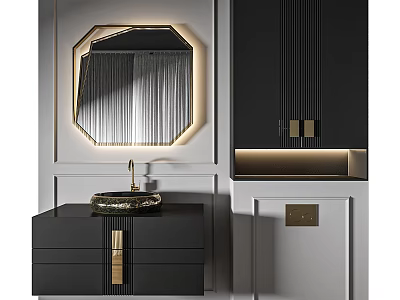 Modern Bathroom Vanity with Octagonal Gold Frame Mirror Black Drawers and Gold Handles 3d model