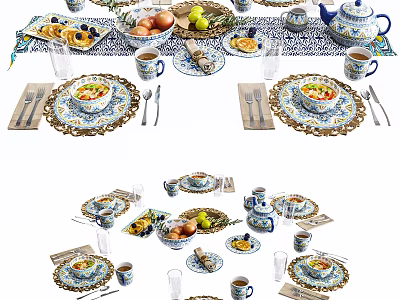 Elegant Floral Pattern Dinnerware Set With Plates Cups Bowls And Cutlery For Table Setting 3d model
