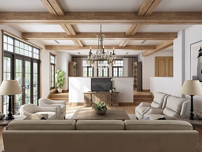 Spacious Living Room With Wooden Beam Ceiling Chandelier Large Windows Sofa And Armchairs 3d model