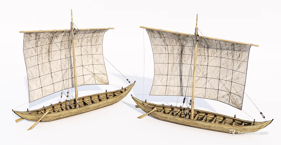 Classic Wooden Sailboats with Textured White Sails Displayed Side by Side and Traditional Hull Design 3d model 
