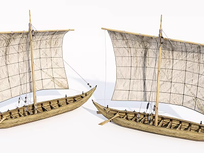 Classic Wooden Sailboats with Textured White Sails Displayed Side by Side and Traditional Hull Design 3d model