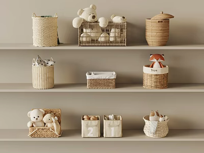 Various Woven Storage Baskets on Shelves Organizing Toys and Small Items 3d model