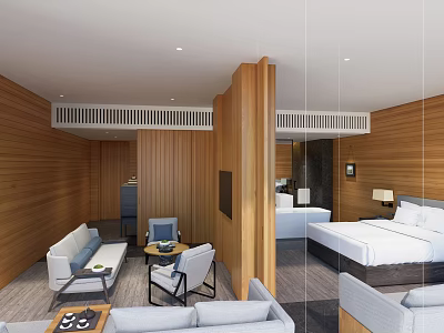 Modern Hotel Room Interior Design With Wooden Walls Sofa Seating And Bed TV 3d model