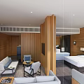 Modern Hotel Room Interior Design With Wooden Walls Sofa Seating And Bed TV