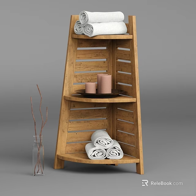 Wooden Corner Shelf with Rolled Towels and Candles for Daily Washing Essentials 3d model 