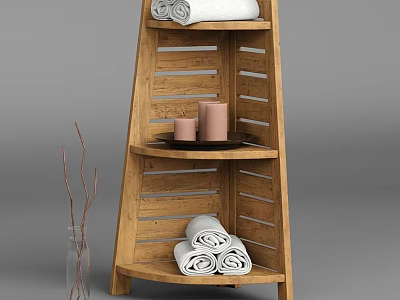 Wooden Corner Shelf with Rolled Towels and Candles for Daily Washing Essentials 3d model