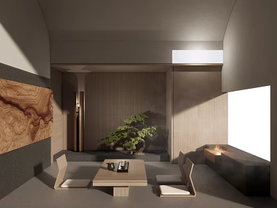 Traditional Tea Room Interior With Wooden Panel Walls Tatami Seating Tea Table And Bonsai Plant 3d model