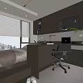 Modern Tatami Bedroom Interior with City View Window Blinds Desk Chair and Storage Cabinets