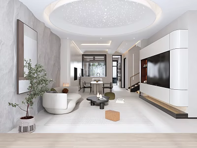 Sleek Modern Open Plan Living And Dining Room With Unique Starry Ceiling And Comfortable Furniture 3d model