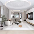 Sleek Modern Open Plan Living And Dining Room With Unique Starry Ceiling And Comfortable Furniture